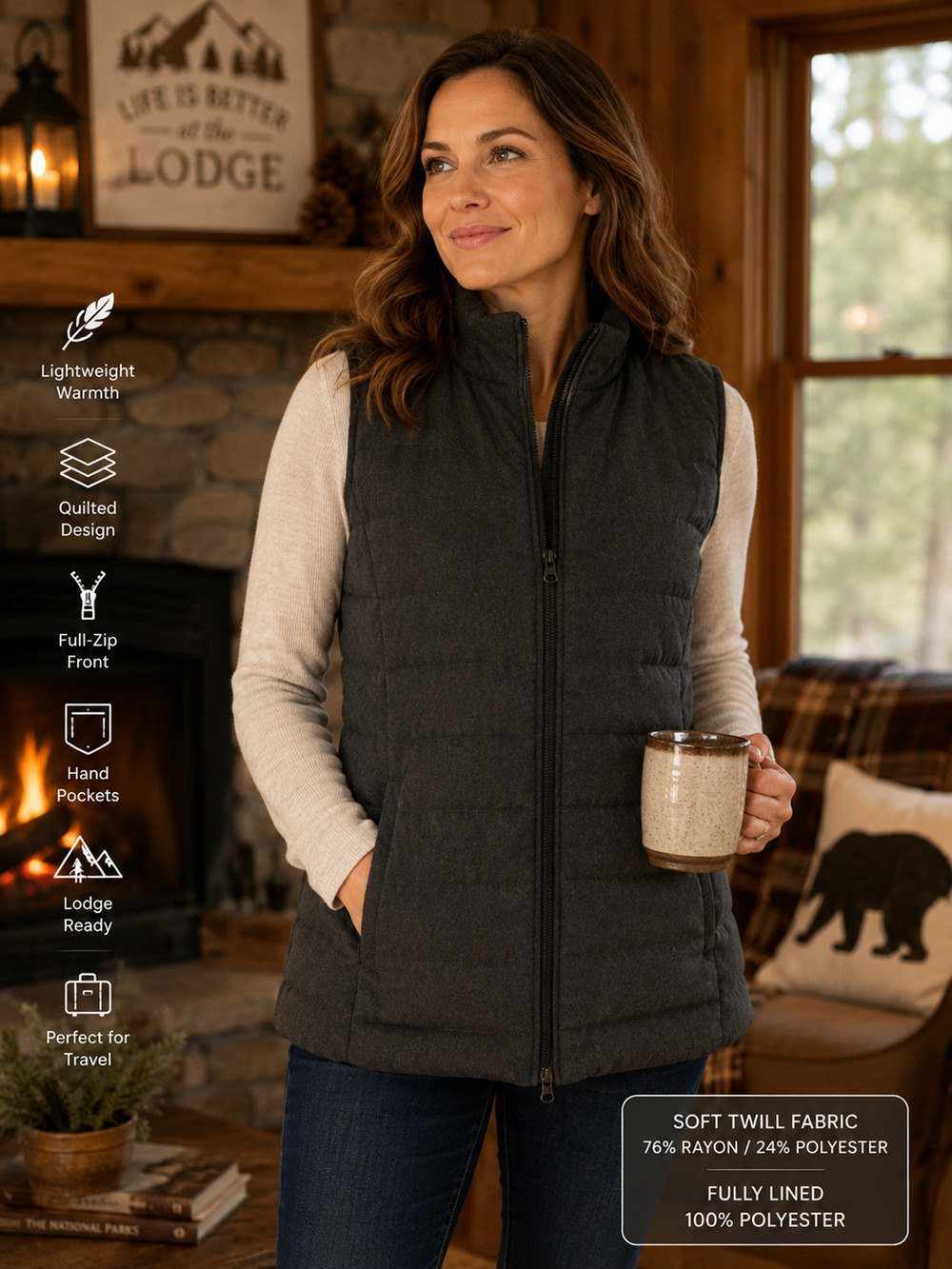 J.Jill Women's Soft Twill Quilted Puffer Vest Black Charcoal Full Zip Size M
